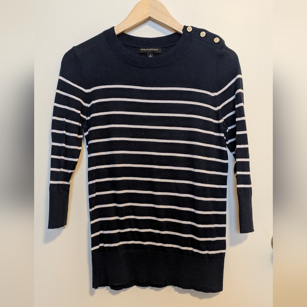 3/4 Sleeve Striped Crewneck Sweater - Navy and Cream - Women's Small